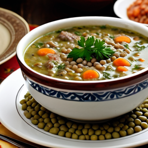 Home 4 **A steaming bowl of lentil and alternative meat "Düğün" (wedding) soup, garnished with fresh herbs. The soup should look rich and flavorful, with visible pieces of alternative meat. A Turkish-style table setting in the background.**
